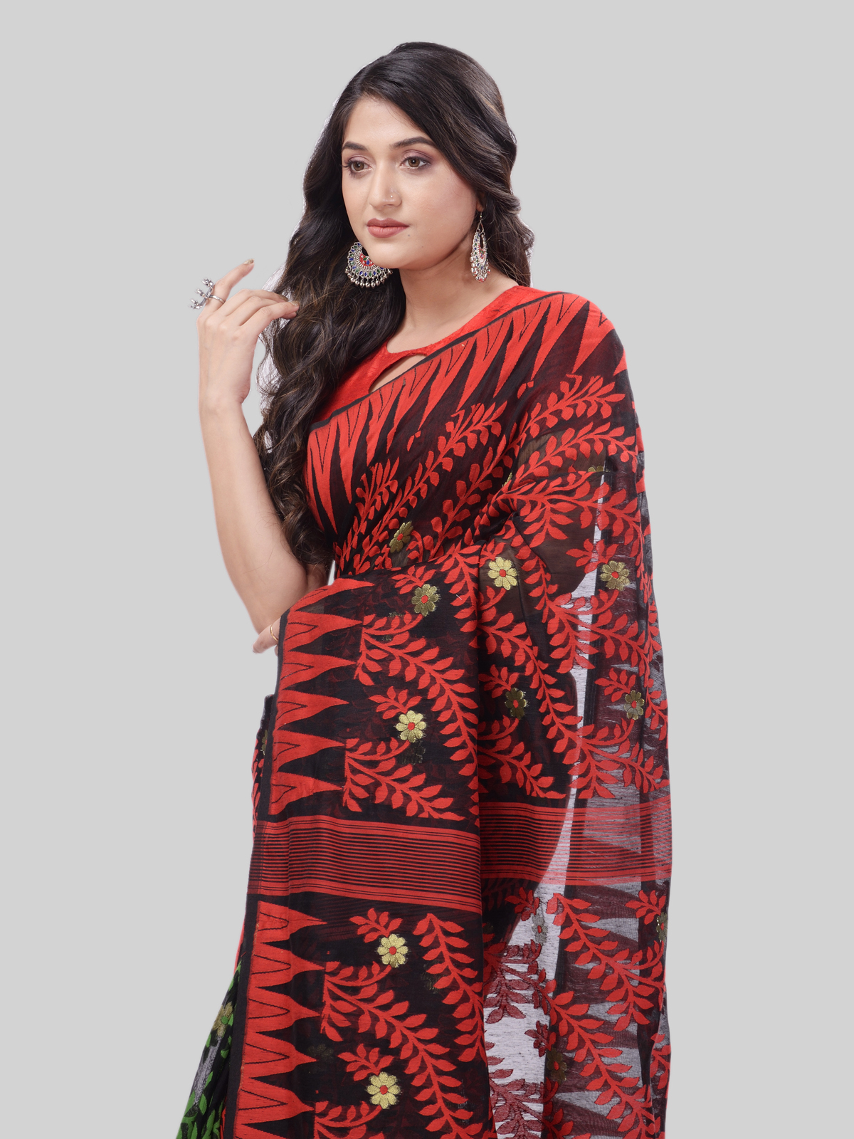 DESH BIDESH Women`s Tamarind Leaf Resham Dhakai Jamdani Bengal Pure Cotton Handloom Saree Whole Body Design without Blouse Piece(Red Green)